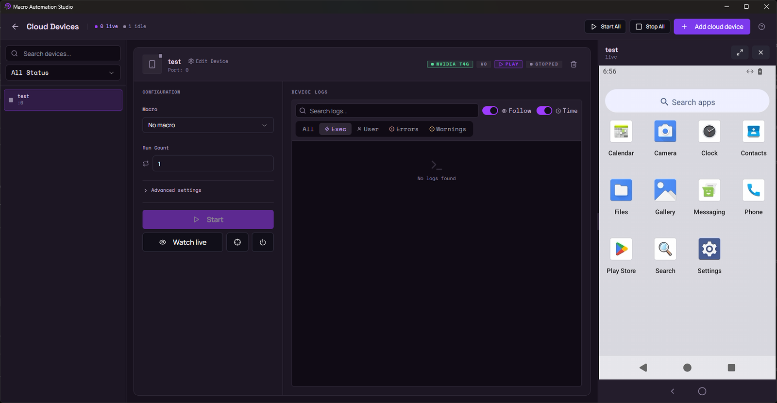 Cloud Android device streaming in Macro Automation Studio