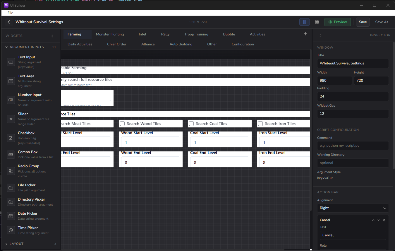 The UI Builder editing a Whiteout Survival settings form, with the widget palette on the left and the inspector on the right
