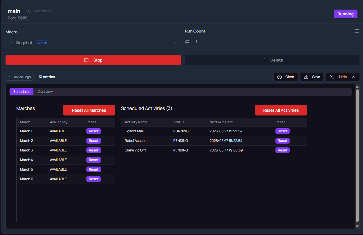 A device view showing a running Kingshot macro with the runtime dashboard underneath, displaying Marches availability and a Scheduled Activities table