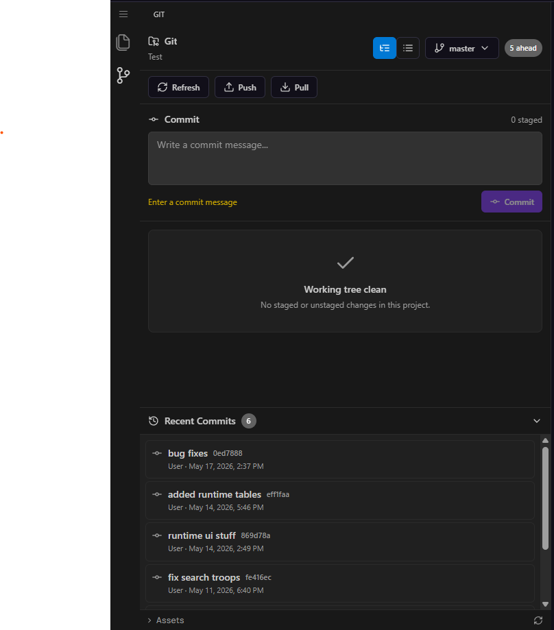 The integrated Git panel showing branch selector, push/pull controls, a commit message box, and a recent commits list