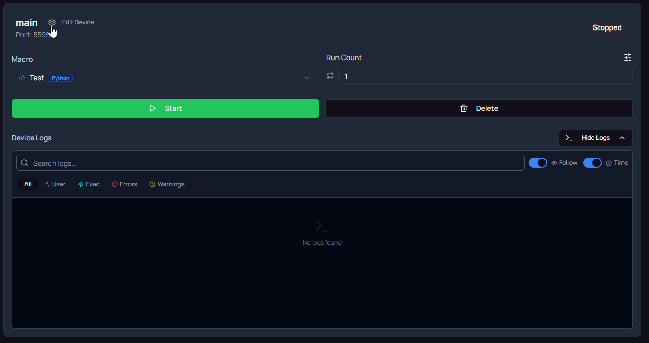 Run control and logs panel for macro execution
